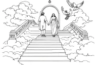stairs to heaven gate, clouds, reyrey and papa, two people walking holding hands up stairs, dove and cardinal, clock tattoo design idea