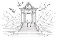 stairs to heaven gate, clouds, reyrey and papa, two people walking holding hands up stairs, dove and cardinal, clock tattoo design idea