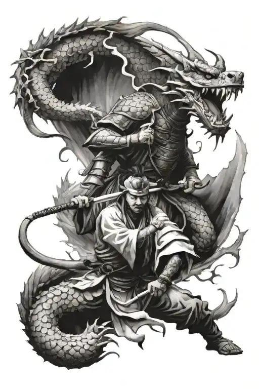 yin yang samurai vs dragon wrapped tattoo design idea