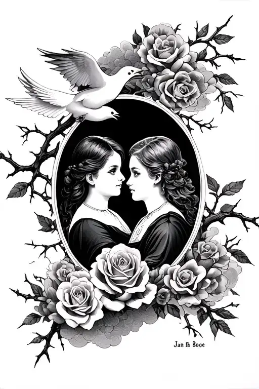passed away sister and brother names Brandelyn Rose and Brandon Jeffery with thorns, clouds, doves, roses, Jan 18 2010 tattoo design idea