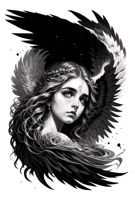 aurora waves, wings , angel's third eye surrounded , cool lining and details tattoo design idea