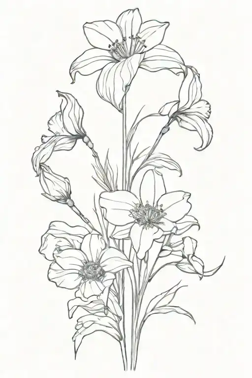 poppy, orchid, gladiolus, daisy, sweet pea flower tattoo design idea
