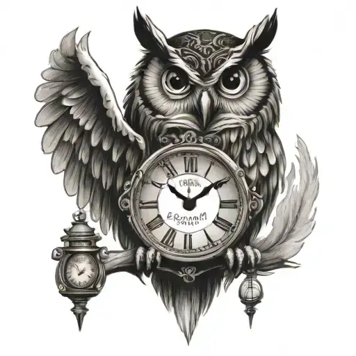 owl holding clock or hourglass with this too shall pass under it  tattoo design idea