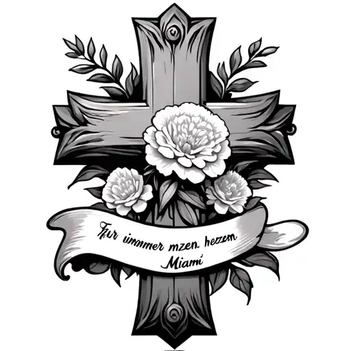a cross with carnations an the words “für immer in meinem herzen, Miami” tattoo design idea