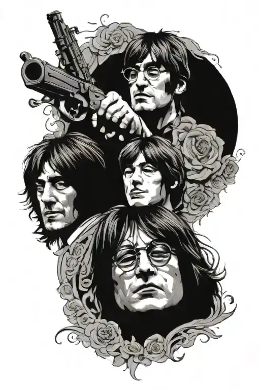 beatles, john lennon, walrus, metal, guns, roses tattoo design idea