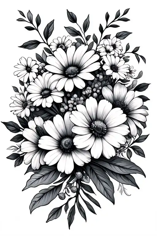 bouquet of birth flowers including, February, March, April, may, June, July, September, November.  tattoo design idea