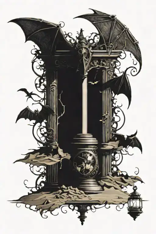 A big bat wrapping an hour glass with the sand of time. Terrifying dark Lovecraftian background engulfs the scene tattoo design idea