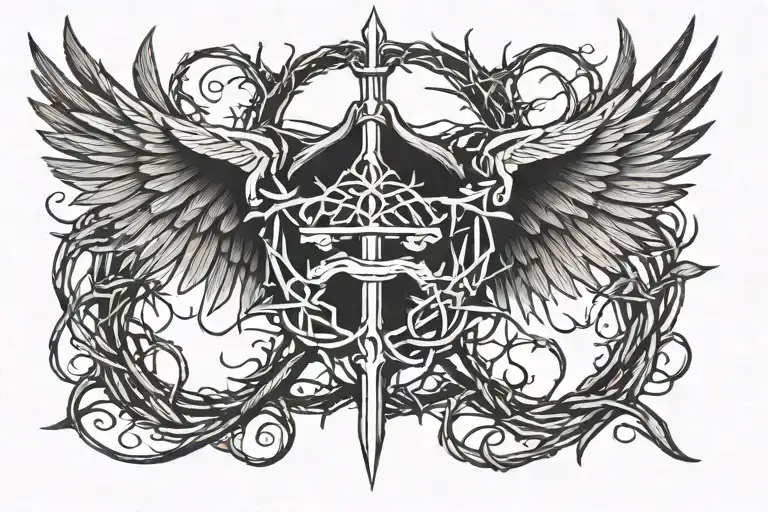 wings and above them a crown of thorns and in the middle cut by a sword tattoo design idea