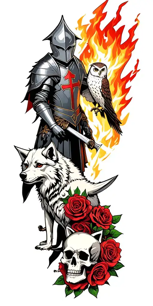 knight templar with wolves, owls, skulls, roses, lightning and fire  tattoo design idea