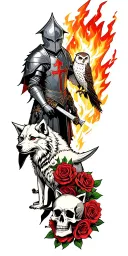 knight templar with wolves, owls, skulls, roses, lightning and fire  tattoo design idea