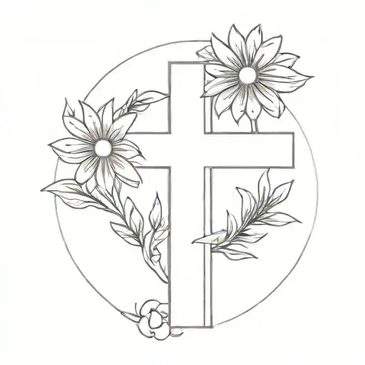 small simple cross with aster flowers going around the cross tattoo design idea