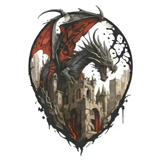 Very realistic stone dragon, ruins of an ancient castle tattoo design idea