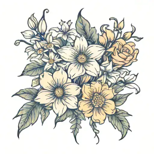 Daisy, Larkspur, larkspur, larkspur, larkspur, gladiolus, chrysanthemum tattoo design idea