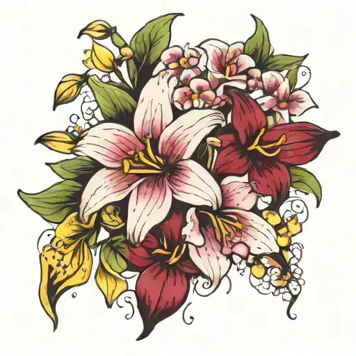 calla lillies, orchids, cherry blossom, daisy, daffodil bouquet tattoo design idea