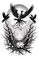 a twisted forest with skeletal hands and crows, fading into vines and a rising phoenix or lotus flower under a starr sky tattoo design idea