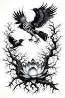 a twisted forest with skeletal hands and crows, fading into vines and a rising phoenix or lotus flower under a starr sky tattoo design idea