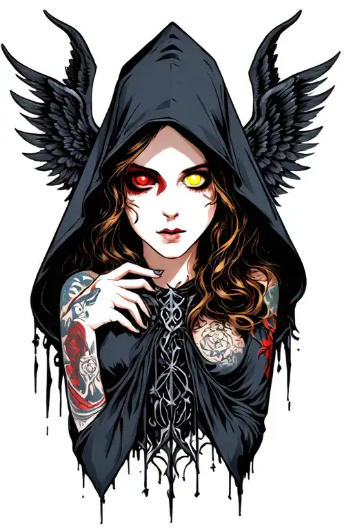 Women in dark hood and right eye red and left eye yellow no face visible two wings on left and two wings on right metal tattoo design idea