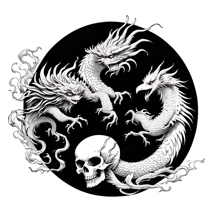 Chinese dragon and phoenix and skull and moon and raven tattoo design idea