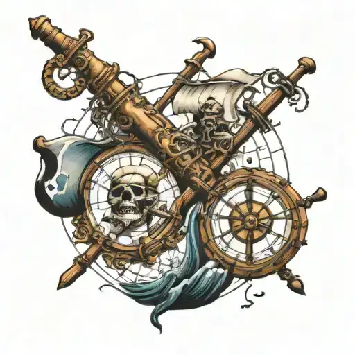 whole arm, pirate, route map tattoo design idea