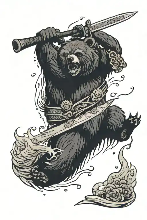a bear with a weapon sticking out and surrounded by spirits tattoo design idea