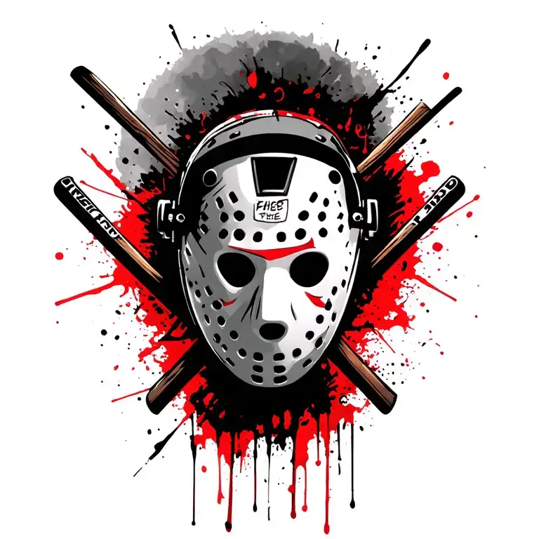 Friday the 13th Jason's mask comic book style tattoo with two hockey sticks crossing  like an x behind the mask tattoo design idea