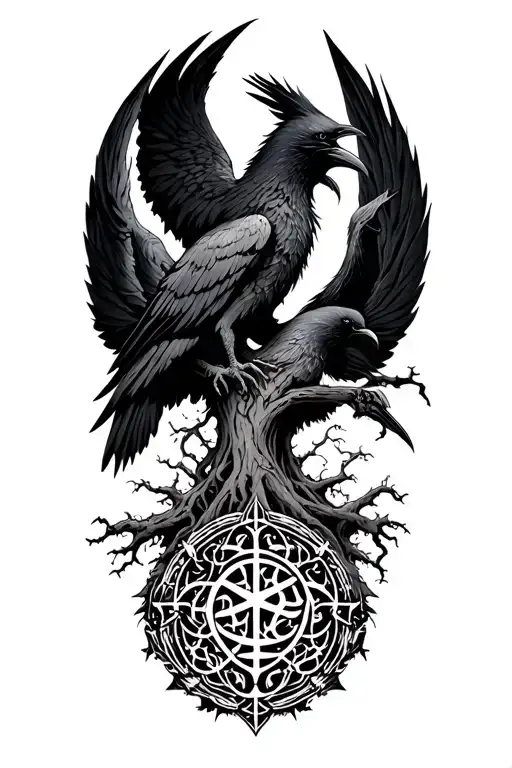  Hugin and Munin, Massive Yggdrasil  In The Background ; Aegishjalmur symbol on the bottom  tattoo design idea
