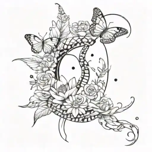 spine tattoo, snake wrapped around flowers (water lilies, roses, daisies, etc) and the moon and butterflies tattoo design idea