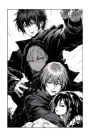 A dynamic composition of iconic anime characters in a manga panel layout, showcasing a mix of action and emotion tattoo design idea