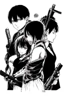 A dynamic composition of iconic anime characters in a manga panel layout, showcasing a mix of action and emotion tattoo design idea