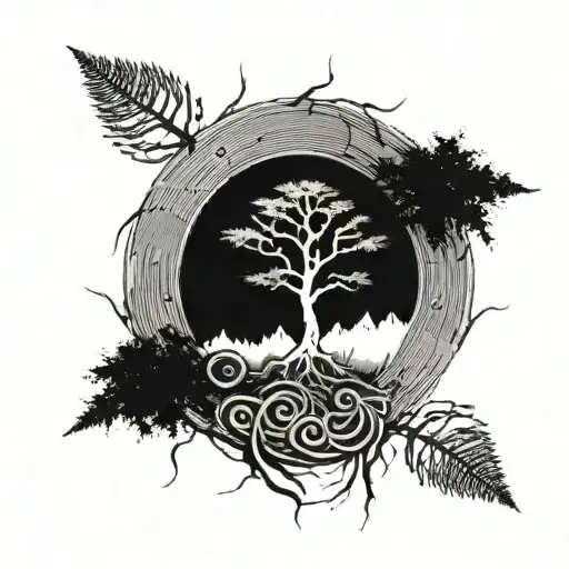 half tree ring with three lines of ogham writing leading upwards at the top tattoo design idea