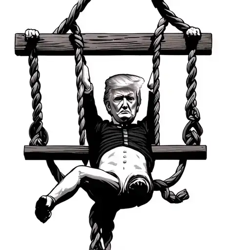 An old-school gallows scene with a lifeless Donald Trump, noose tight, swinging slightly; black ink no color, tattoo design idea