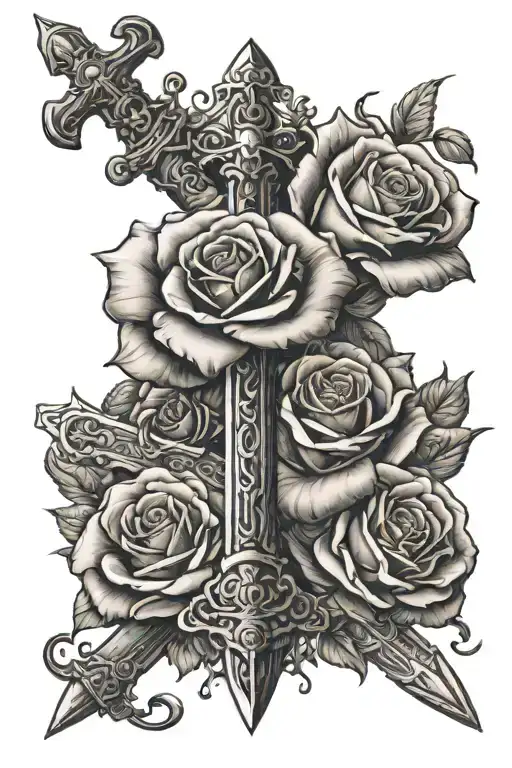 Cross Sword Rose wrapped Bible verse tattoo design idea