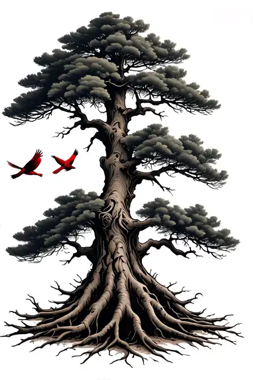 North Carolina Pine Tree with roots and cardinals flying tattoo design idea