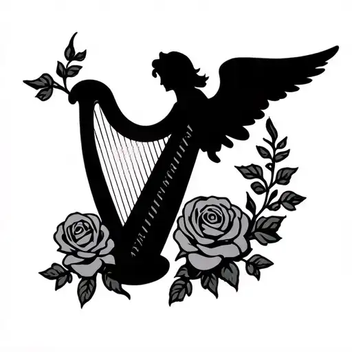 Feeney family crest, irish harp with angel, roses tattoo design idea