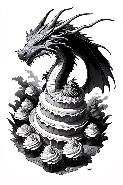 A majestic dragon flying over a landscape of giant cakes and cupcakes tattoo design idea