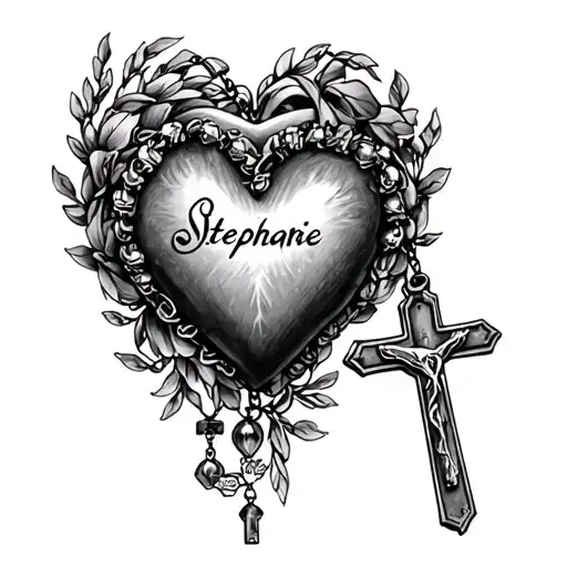 rosary,heart and name of Stephanie tattoo design idea