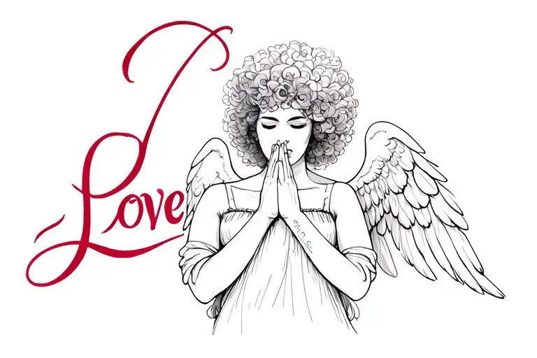 "Love" angel praying afro haired female tattoo design idea
