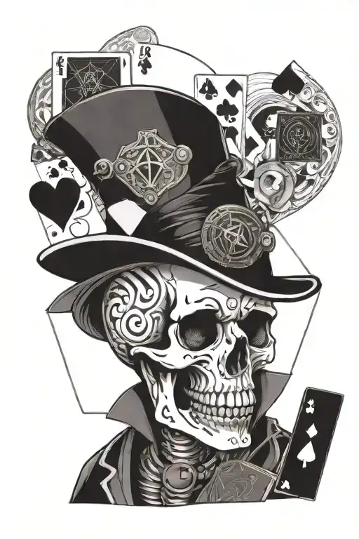 skeleton with magician hat and cards and eight ball tattoo design idea