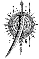 in the style of Le Jardin de Zihwa: Anduril broken sword (straight) with vegvisir viking rune twisted by sound waves tattoo design idea