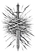in the style of Le Jardin de Zihwa: Anduril broken sword (straight) with vegvisir viking rune twisted by sound waves tattoo design idea