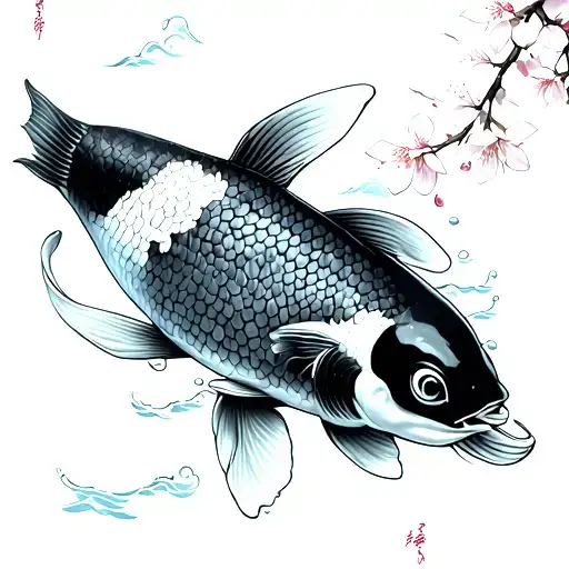 Koi fish cherry blossom tree water waves tattoo design idea