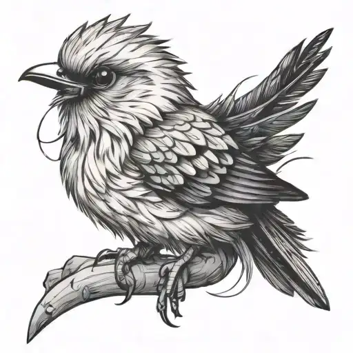 create a photo of A cute but ferocious looking bird in cartoon style, with black, fluffy feathers tattoo design idea
