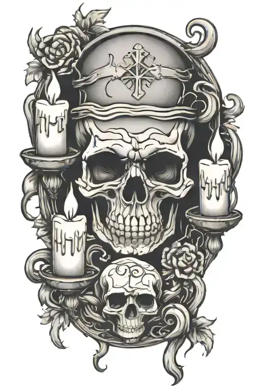 skull and crossbones with candles burning tattoo design idea