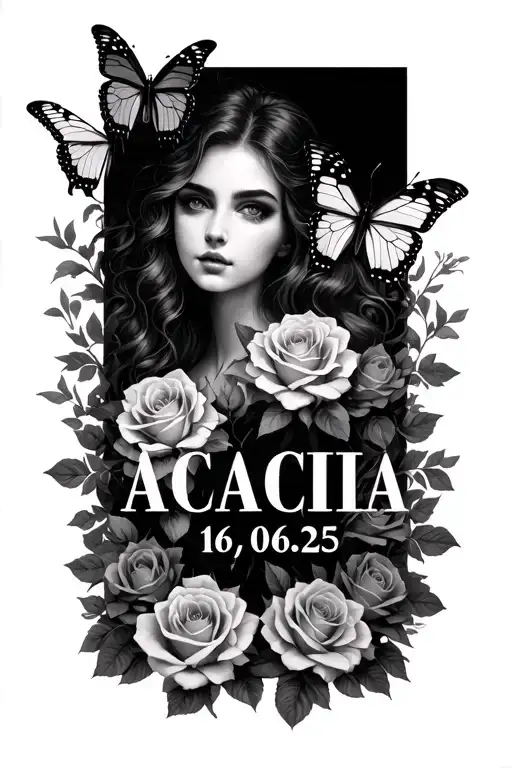 The name acacia with 16.06.25 in Roman numerals next to it surrounded by a lot of roses and butterflies tattoo design idea