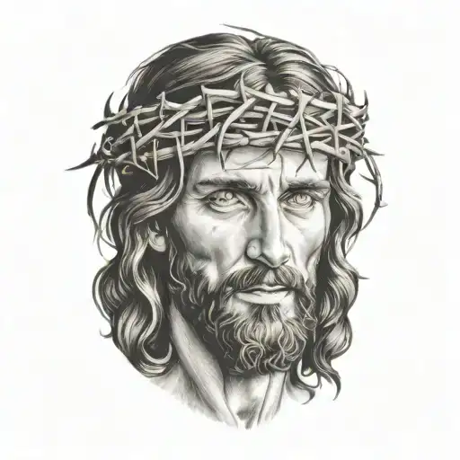 Hyper realistic portrait of Jesus Christ with a crown of thorns  tattoo design idea