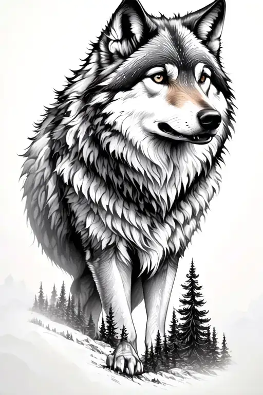 wolf and  mountains and trees tattoo design idea