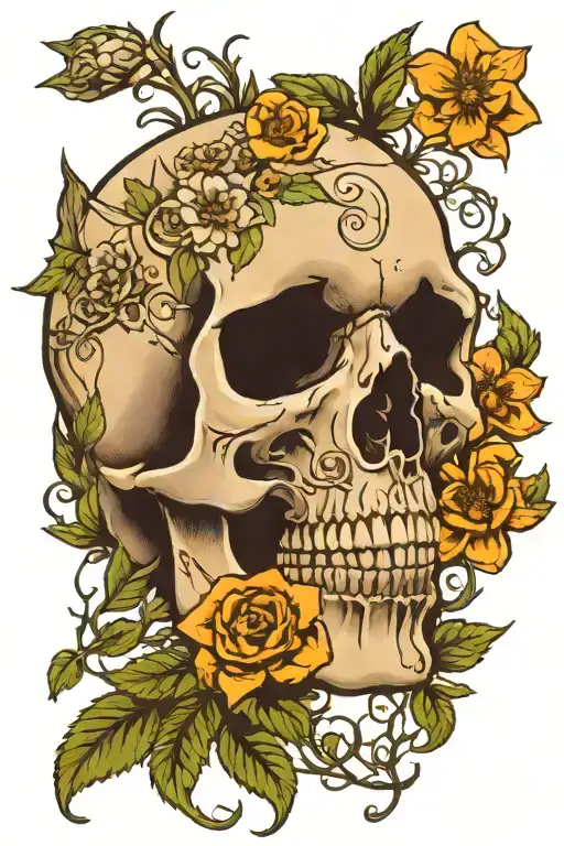 skull in weeds with Cherokee rose intertwined tattoo design idea