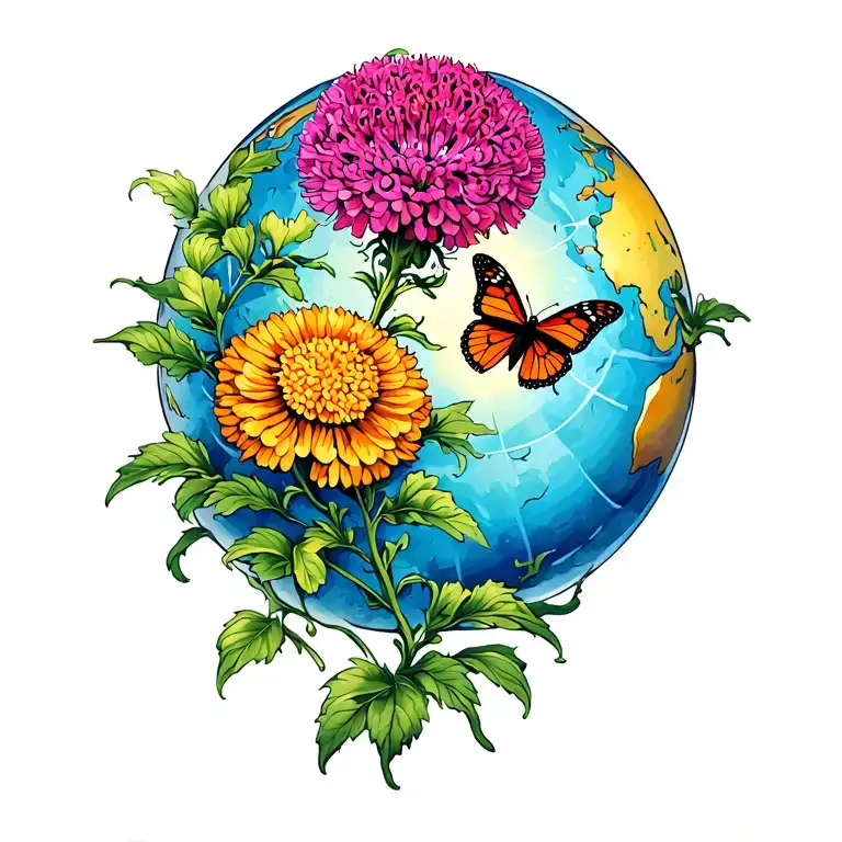single globe amaranth flower and butterfly flying away tattoo design idea