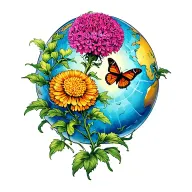 single globe amaranth flower and butterfly flying away tattoo design idea