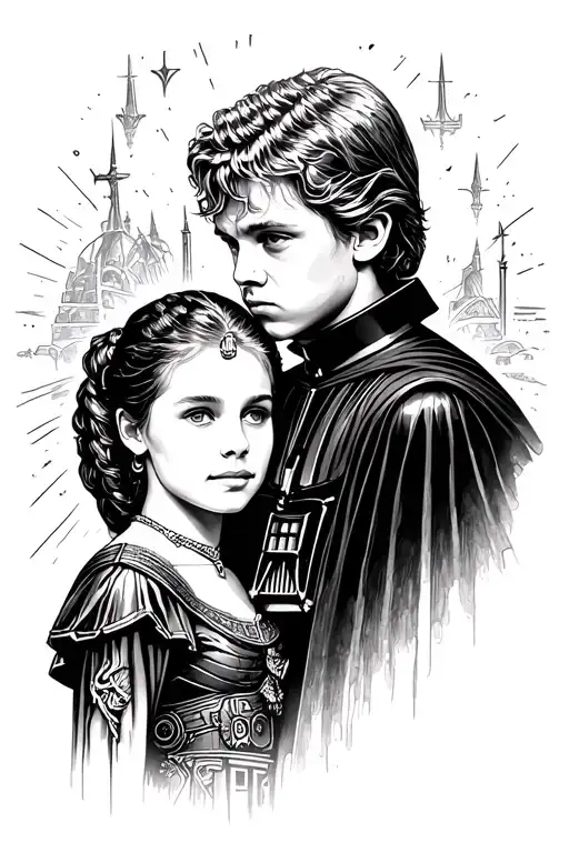 Anakin Skywalker and Padme Together with Anakin Skywalker turning into Darth Vader with Naboo in the background.  tattoo design idea